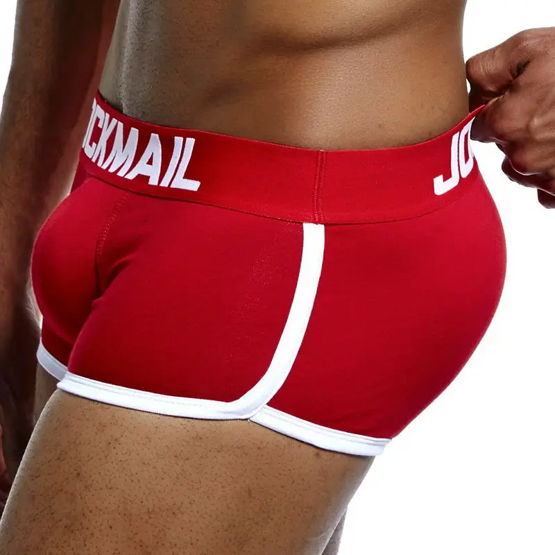 Красный JOCKMAIL, фирменное Мужское нижнее белье, боксеры, плавки с сексуальным мешочком для пениса, усиление выпуклости спереди+ сзади, Двойная съемная чашка пуш-ап - Цвет: Красный