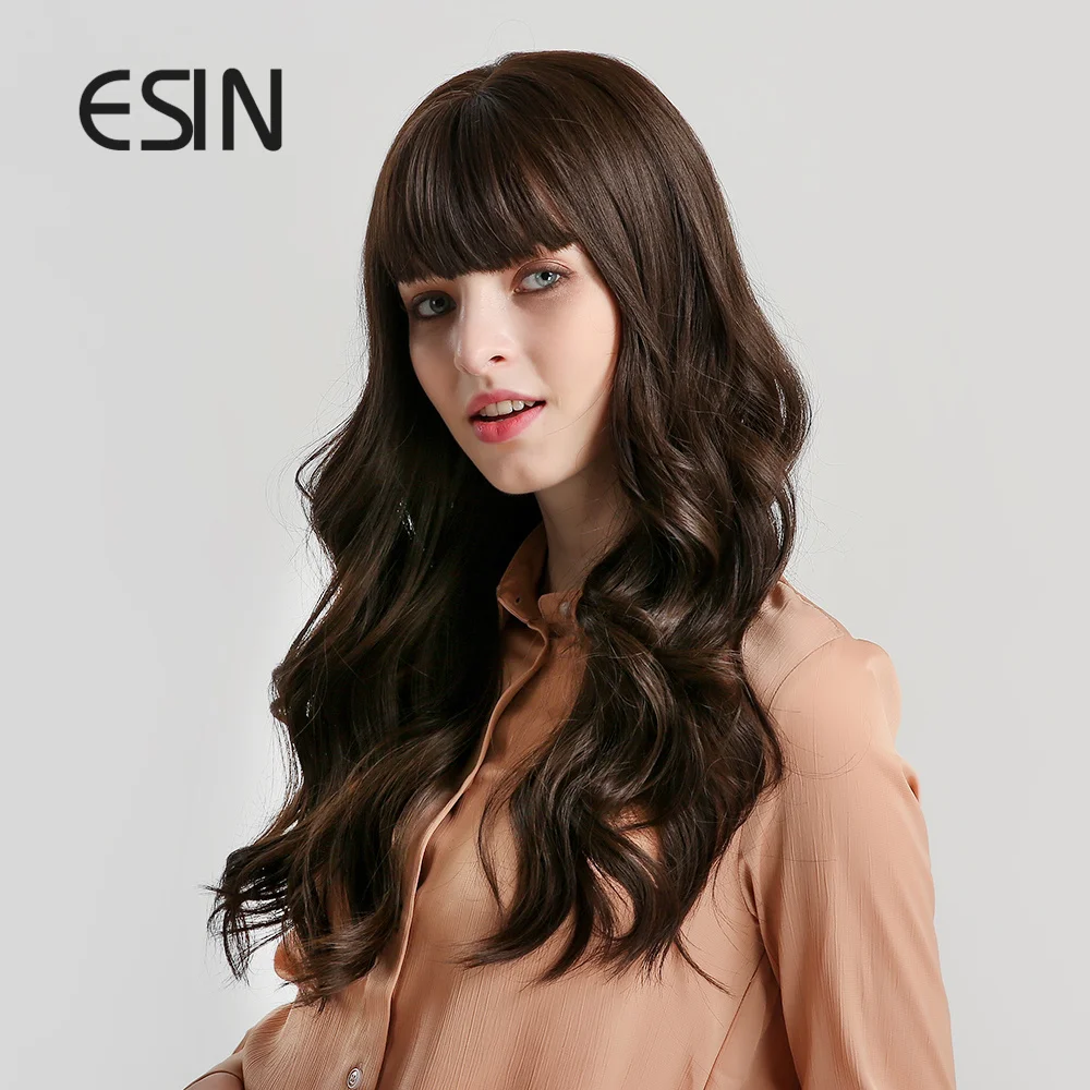 ESIN черные длинные волнистые парики с челкой для вечерние натуральный