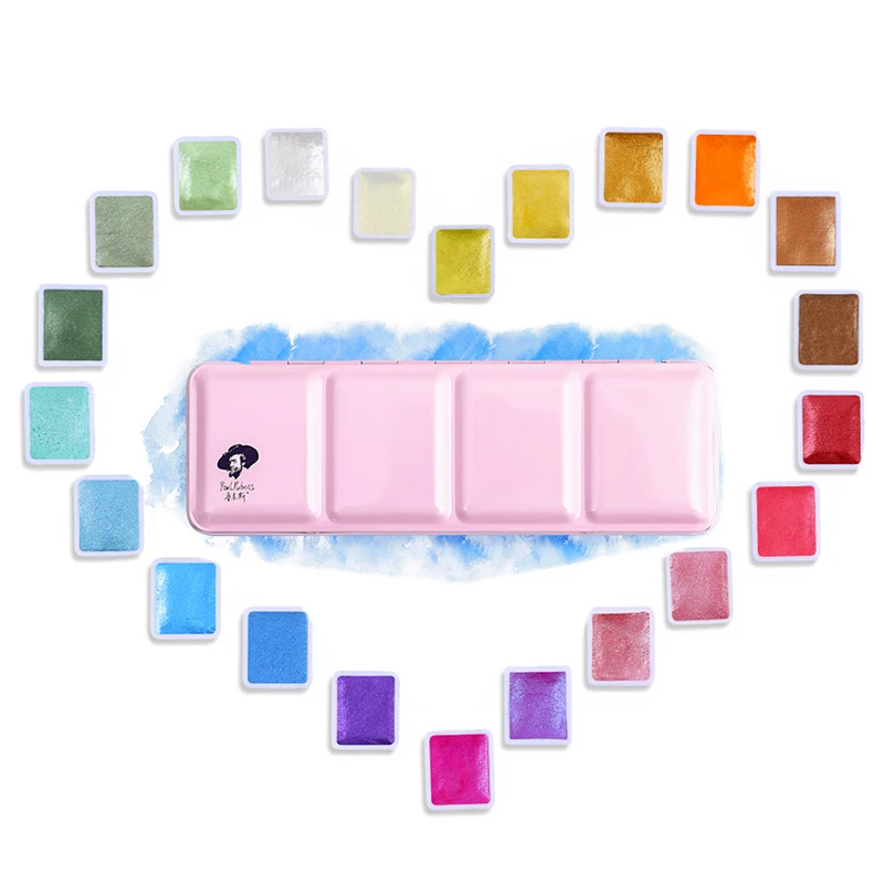 

24 Color Solid Watercolor Paint Set Pearlescent Color Pigment Iron Box Professional Colourful For Artist Students Art Supplies