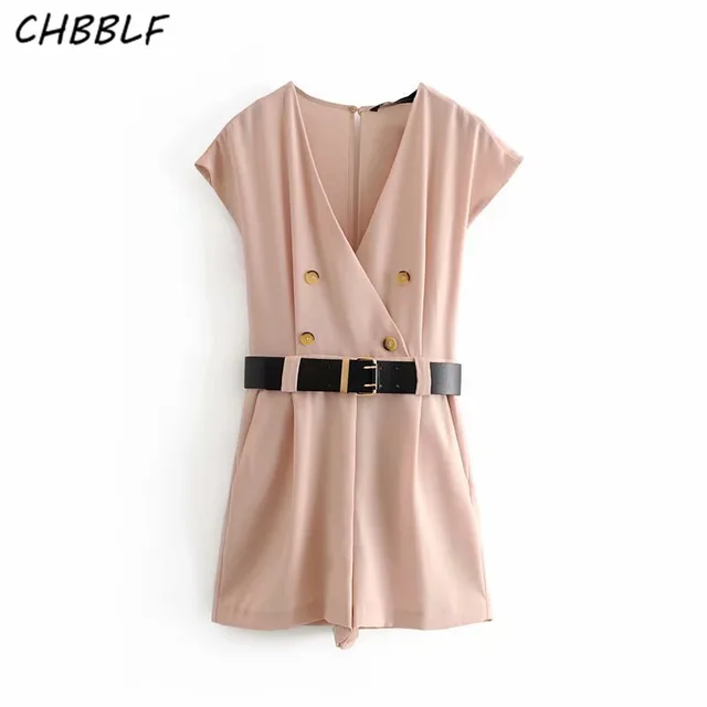 CHBBLF women elegant V neck playsuits bow tie belt short sleeve pockets button decorate female chic stylish jumpsuits HJH2334 2