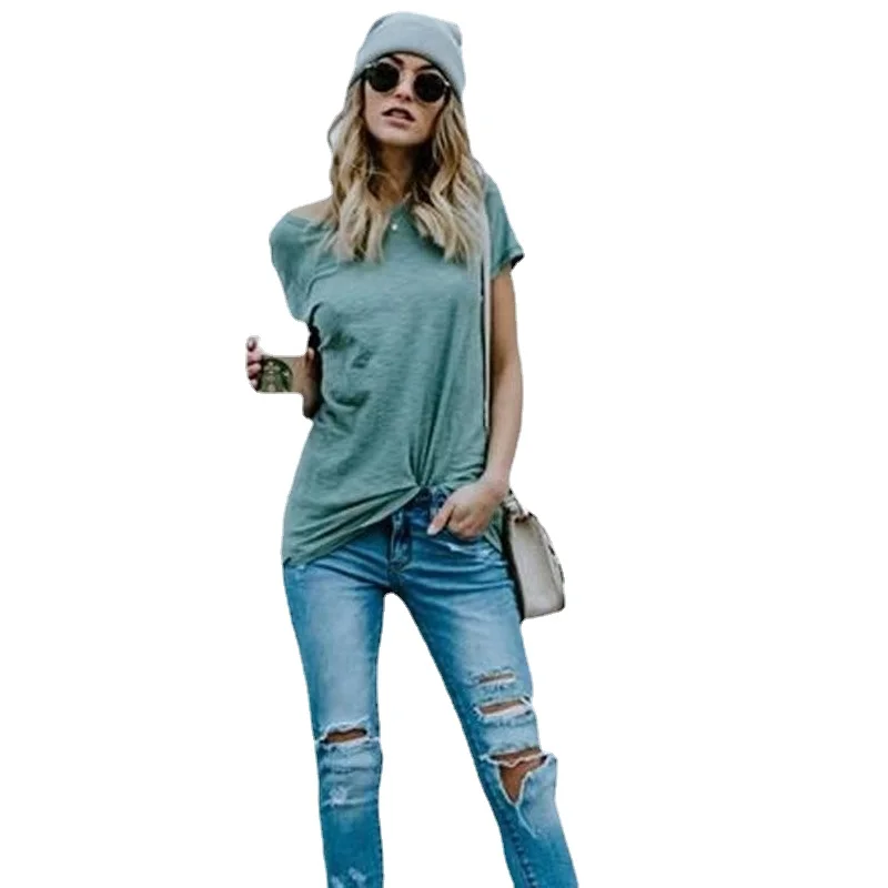 

Women's Summer Hot Sale Plain Comfortable and Breathable Short Sleeves Solid Round Neck Tee