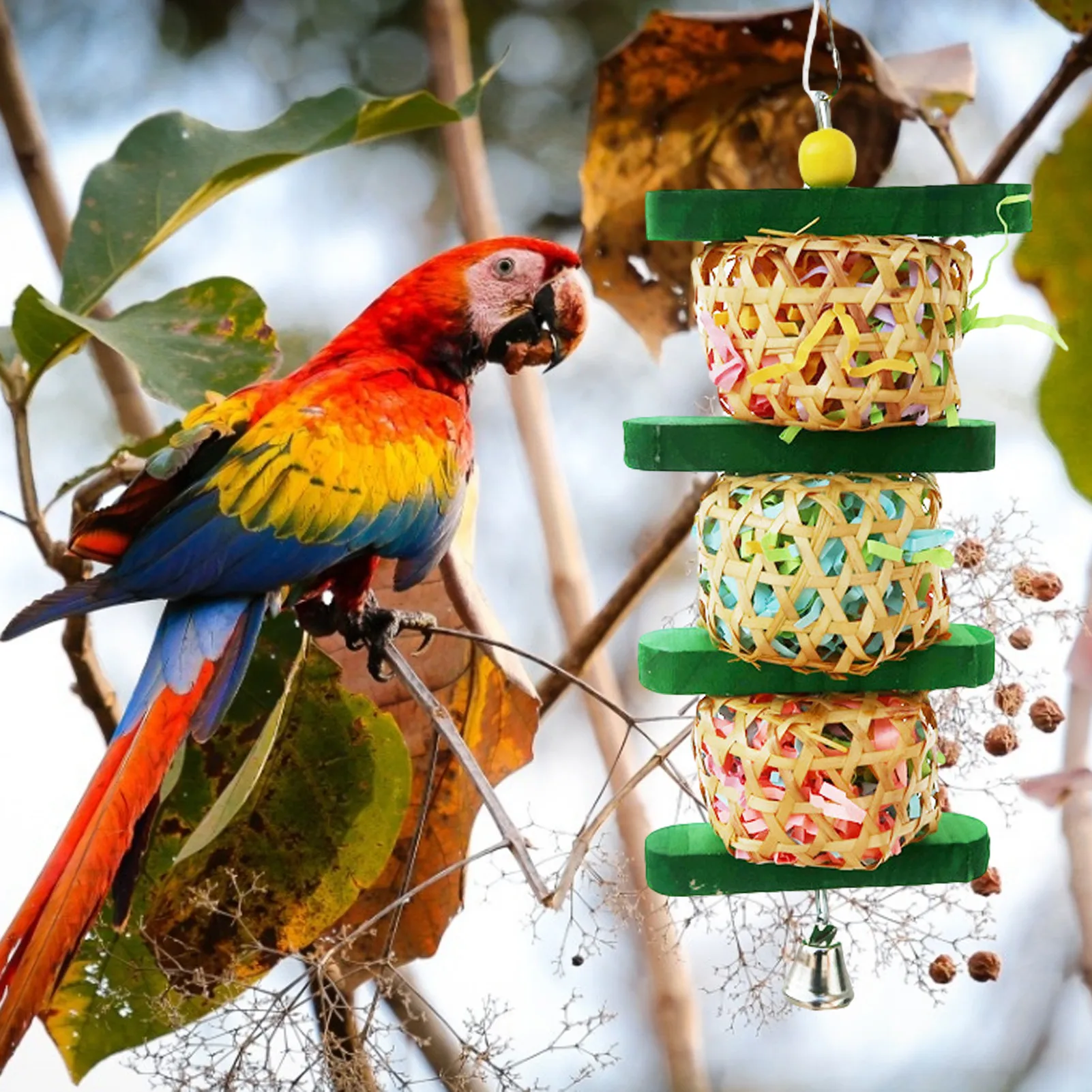 

Bird Bite Toy Wooden Practical Parrot Bell Attractive Bird Parakeet Toys Natural Straw Bird Supplies Pet Toy