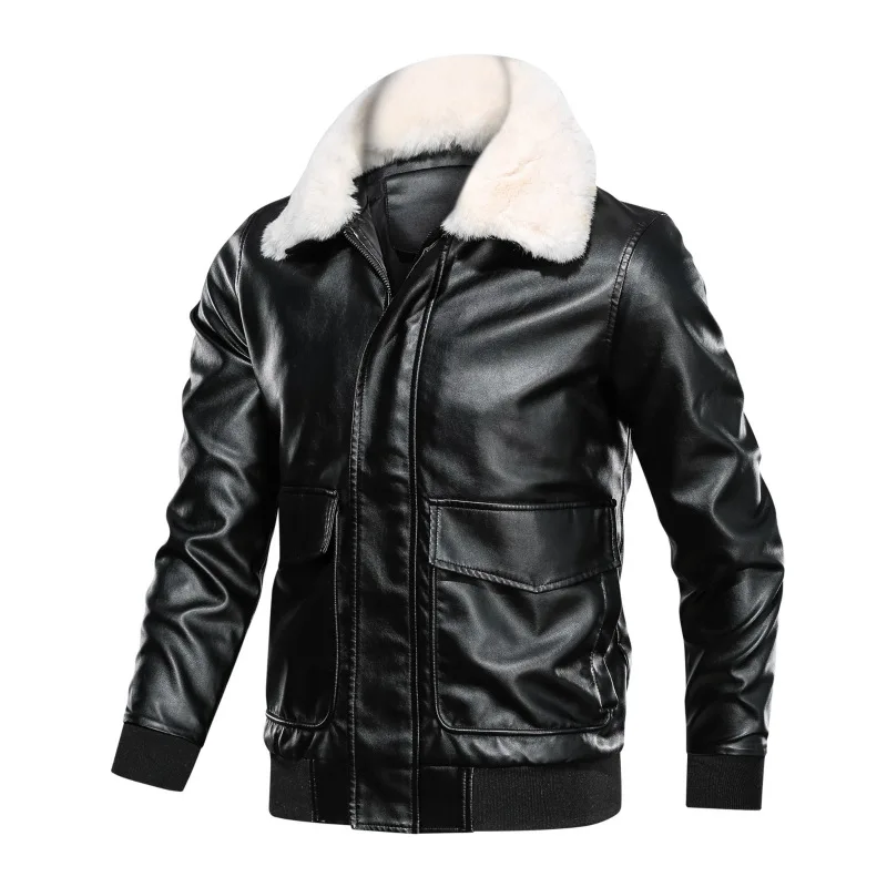 Hot Sell Spring/Autumn/Winter Faux Leather Jacket Men's Fashion PU Coat Youth Zipper Detachable Plush Collar Lapel Windbreaker