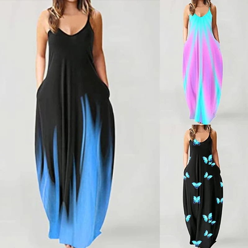 

Women Summer Sleeveless Sexy Deep V-Neck Maxi Long Dress Boho Gradient Butterfly Print Spaghetti Strap Beach Camis Sundress with
