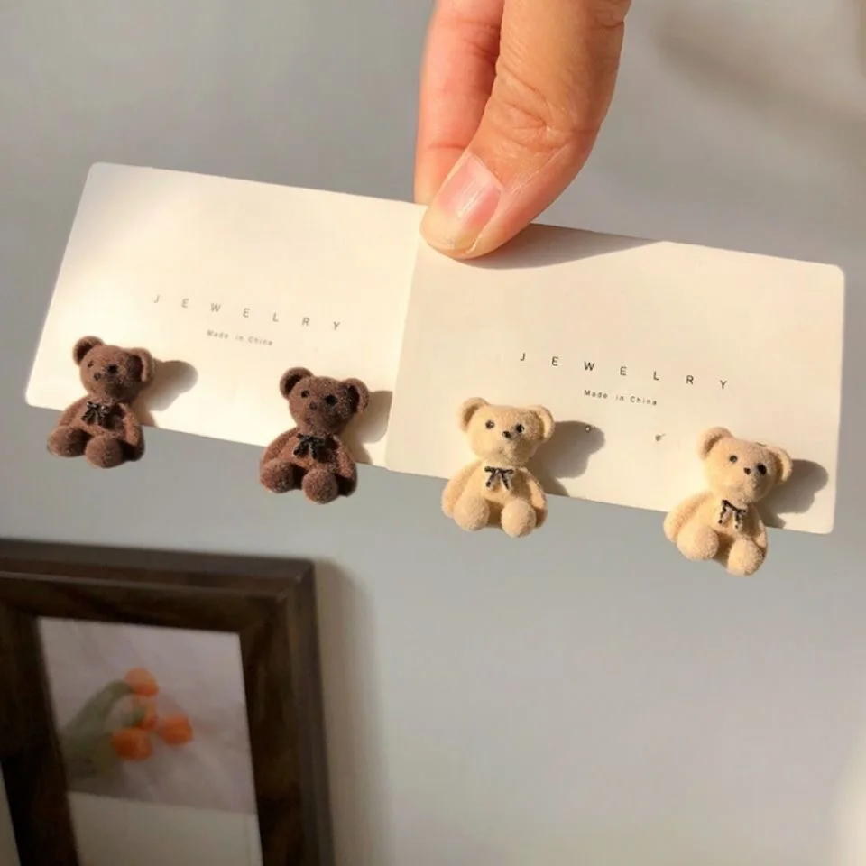 

1Pair Small Plush Bear Stud Earrings Cute Bears Brown Flocking Animal Earring For Women Girls Ear Studs Jewelry Gifts