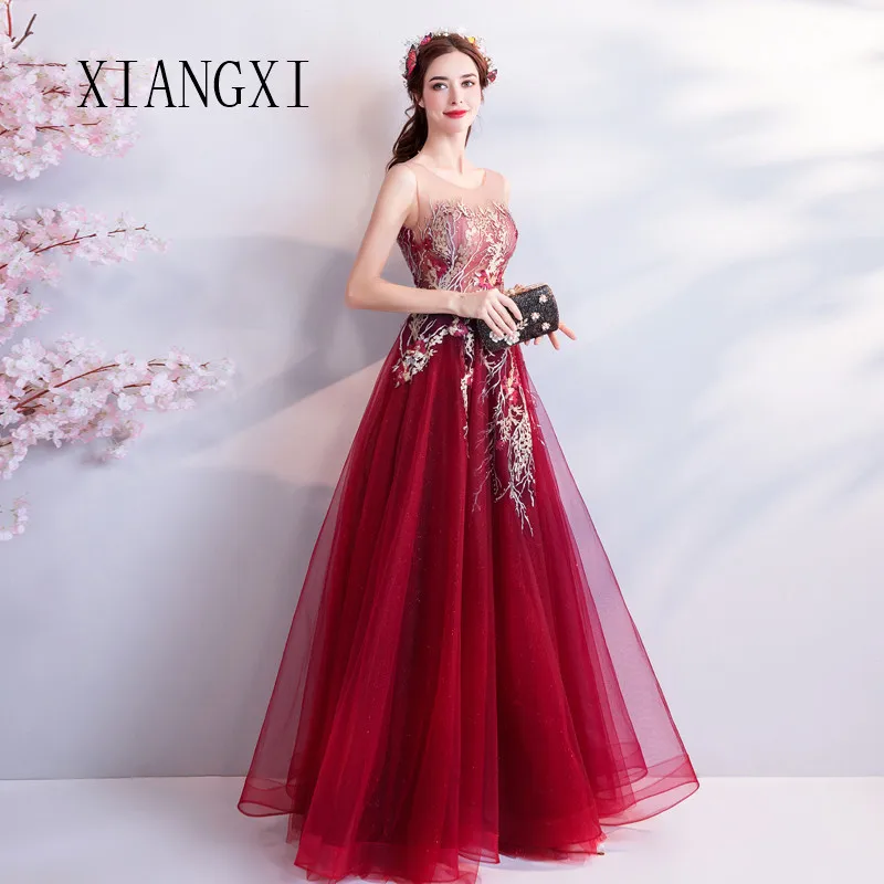 

XIANGXI Burgundy Evening Dresses Long Sheers A-Line Sleeveless Lace Appliques Beaded Floor Length Evening Gowns Party Dresses