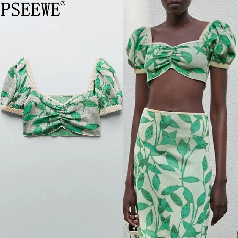 

PSEEWE Top Women Knitted Crop Top Female Jacquard Short Puff Sleeve Green Summer Tops Backless Streetwear Chic Woman Blouse