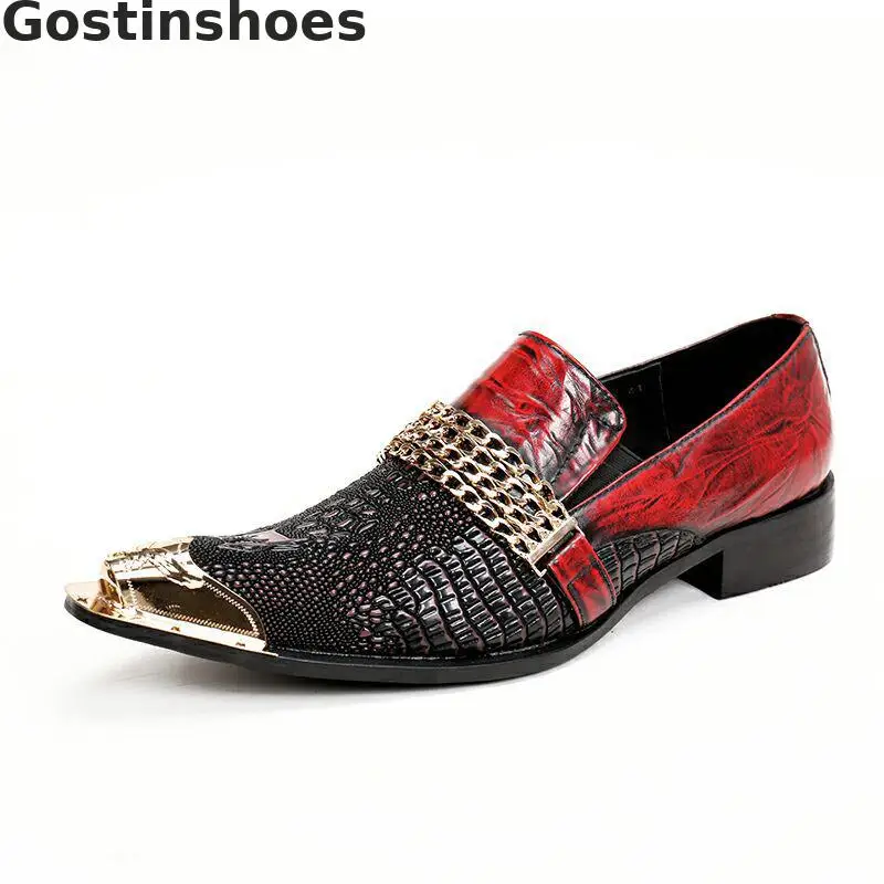Luxury Men Shoes Genuine Leather Crocodile Printed Mixed Color Metal Capped Toe Chains Decoration Slip-on Loafers | Обувь