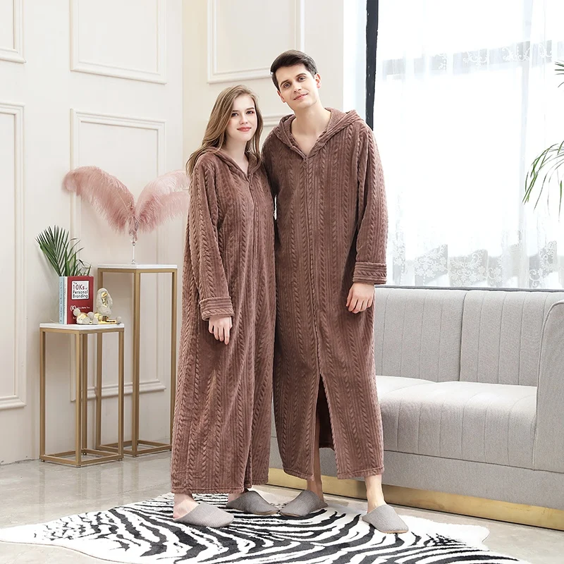 

Top Unisex Autumn And Winter Casual Solid Color Nightgown Zipper Bathrobe Flannel Couple Gown Pocket Hooded Long Home Robe