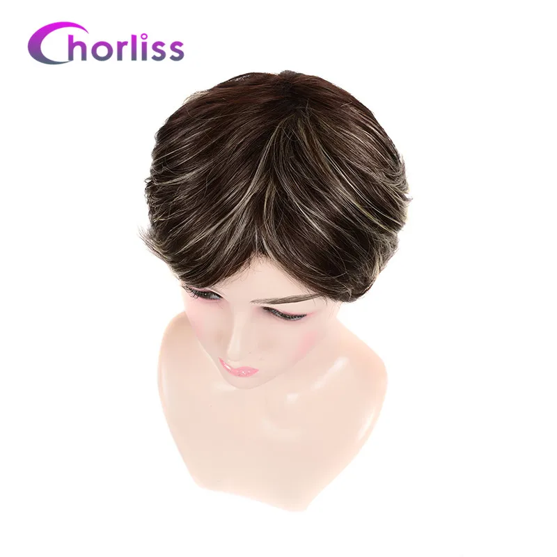 Короткие прямые синтетические парики Pixie Cut натуральные коричневые боковые части