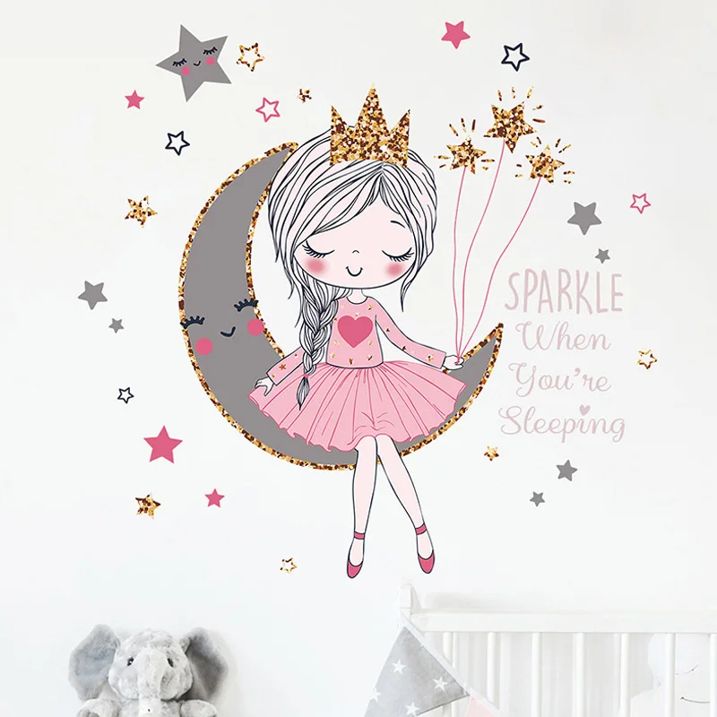 

Cartoon Moon Star Girls Wall Sticker For Kids Bedroom Home Decoration DIY Removable Cartoons Stickers PVC Waterproof Art Decals