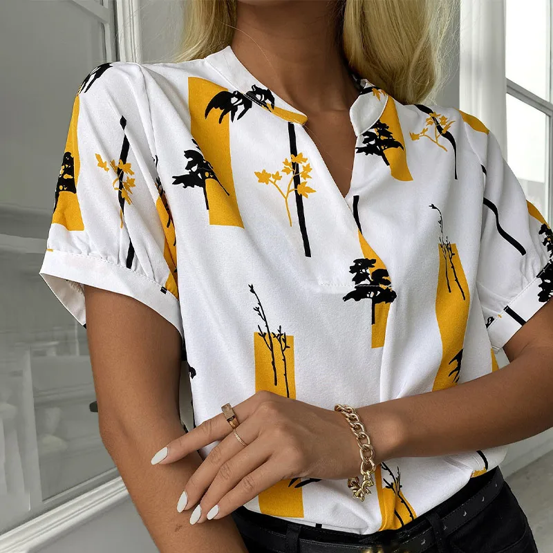 

Summer Printed Short Sleeve Women's Blouse V-neck Slim White Blouses For Women 2021 Spring Fashion Elegant New Office Ladies Top
