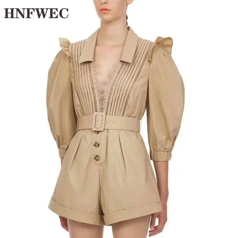 

2020 New Summer Fashion Casual Patchwork Loose V-neck Ruffles Lace High Waist Romper Pants Women U018