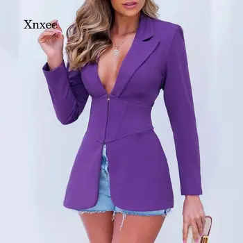 Purple High Waist Blazer Coat Fashion Slim Tops Women Solid Color Long Sleeve Jacket Y2K Deep V Neck Office Coats Clothing 1