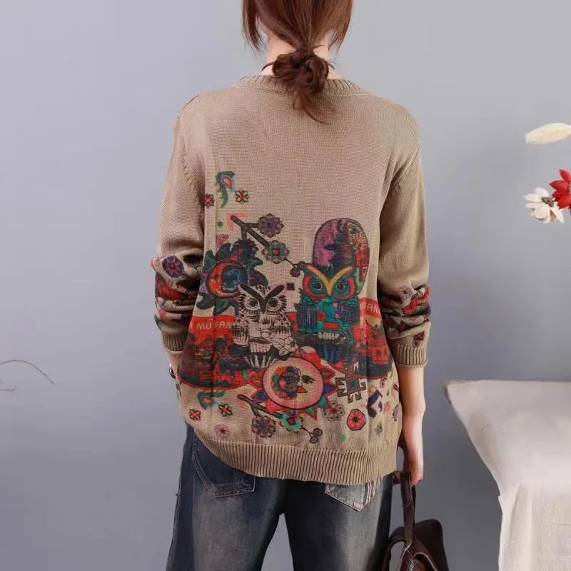 2019 осенний женский новый художественный ветер мультфильм печати круглый вырез