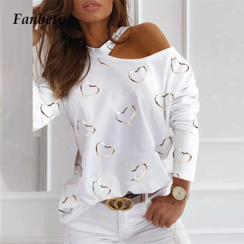 

Women Sexy Off Shoulder Halter Blouse Shirts Spring Elegant Heart Print Tops Casual Long Sleeve Loose Pullover Female Streetwear