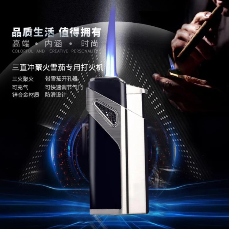 

Electroplating Three Straight Into The Windproof Straight Into The Lighter Creative Blue Flame Inflatable Smoking Accessories