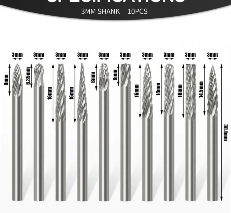 

10pcs Tungsten Steel Grinding Head 3x3mm Grinding Head Engraving Milling Cutter Cemented Carbide Engraving Drill Bit