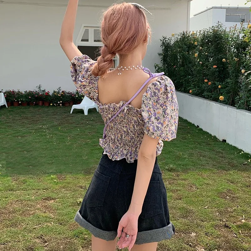 

Summer Women's Off Shoulder Floral Square Collar Sexy Sweet Pleated Short Chiffon Shirt Tops