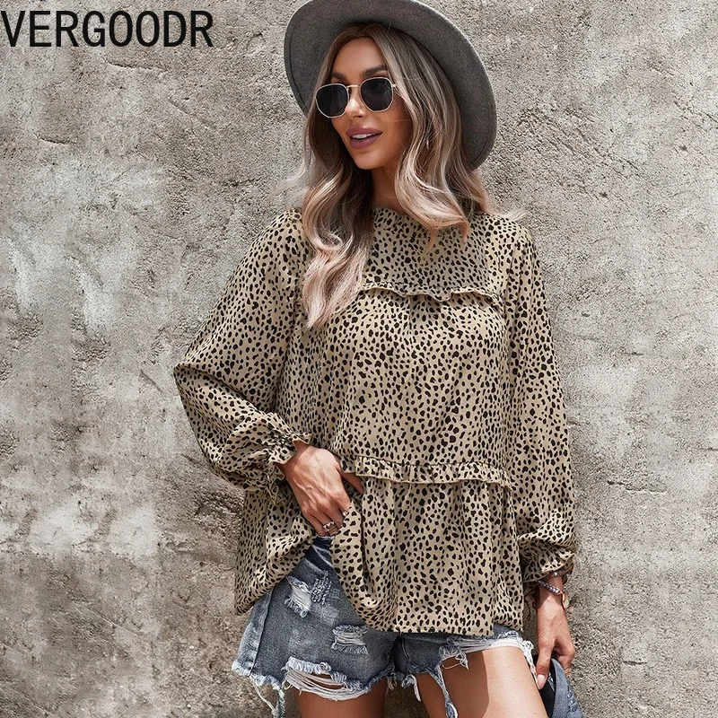 

Vergoodr Leopard Print Fashion Woman Tshirts Autumn Round Neck Ruffled Long-sleeved Casual Long Shirt Camisas De Mujer Elegantes