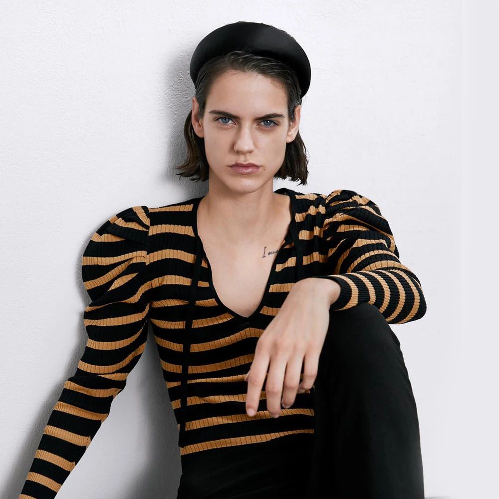 2020 ZA Women Striped Knitted Sweater Pullover Fashion Round Neck Puff Sleeve Bottoming Slimtop Autumn Winter New Temperament | Женская