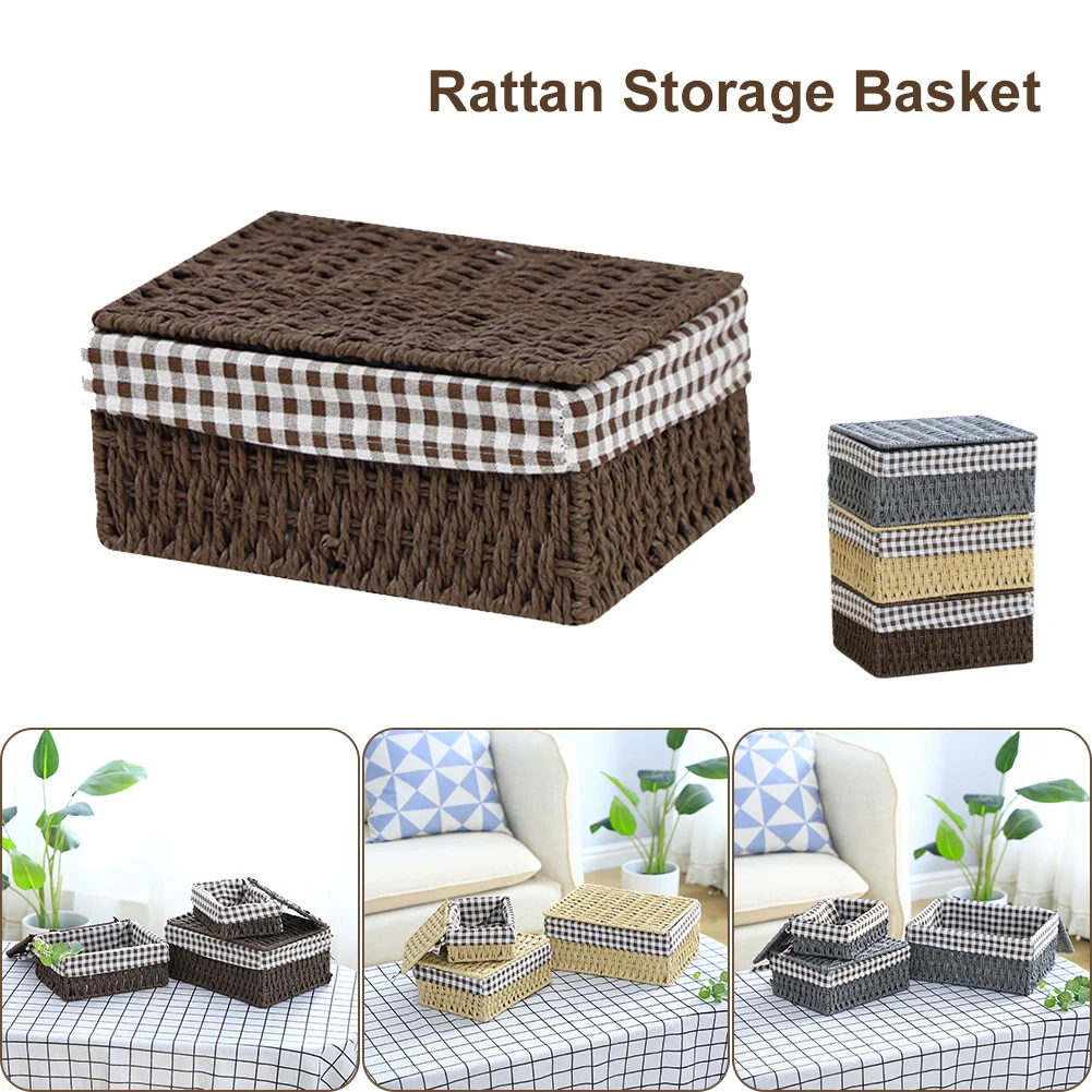 

Woven Storage Basket with Lid Rattan Sundries Storage Box Wicker Basket Handmade Sorting Boxes Seagrass Jewelry Organizer Fast