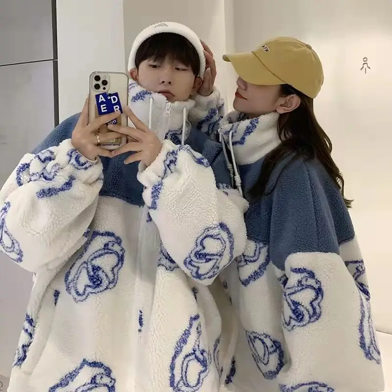 Jacket Men's Plus Velvet Thick Lamb Wool Loose Cotton Coat All-match Printed Cotton-padded Jacket Couples Cotton-padded Coat