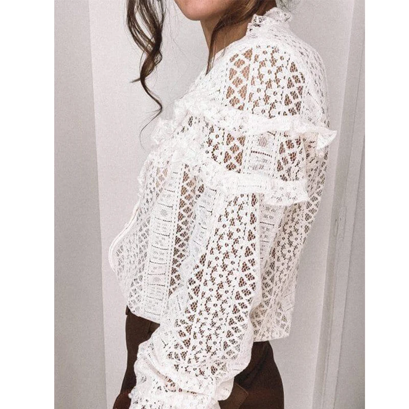 

Autumn Summer Black White Blouse Vintage Lace Floral Hollow Out Female Office Ladies Tops Casual Lace Long Sleeve Blouse Shirts