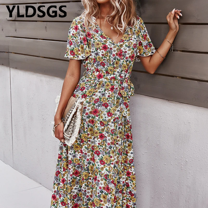 

2021 Spring New Short Sleeve Floral Dress Women Casual High Waist Sexy V Neck Print Dress For Woman Summer Knee Length Dress
