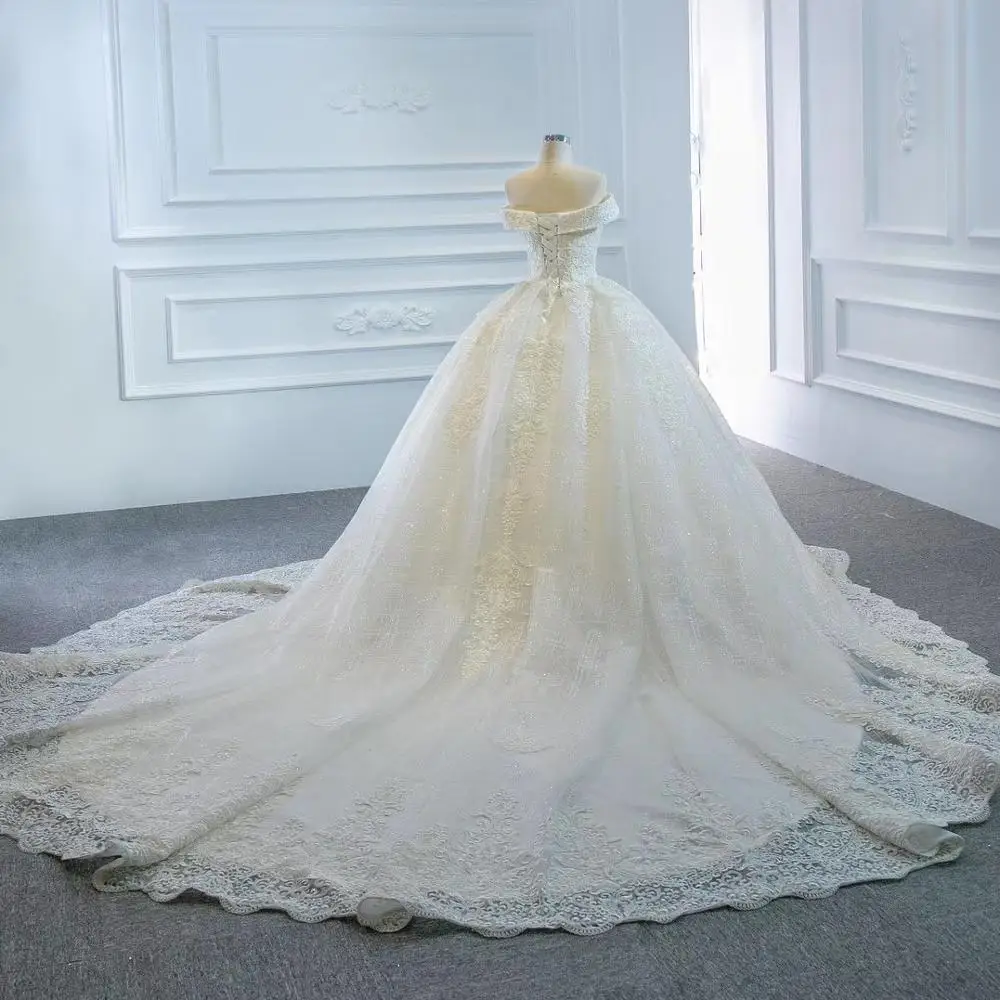 2021 Ultra Beautiful Ball Gown Wedding Dress Luxury Lace Sliver Spray Bridal Gown Long Train Lace Up Back Off Shoulder