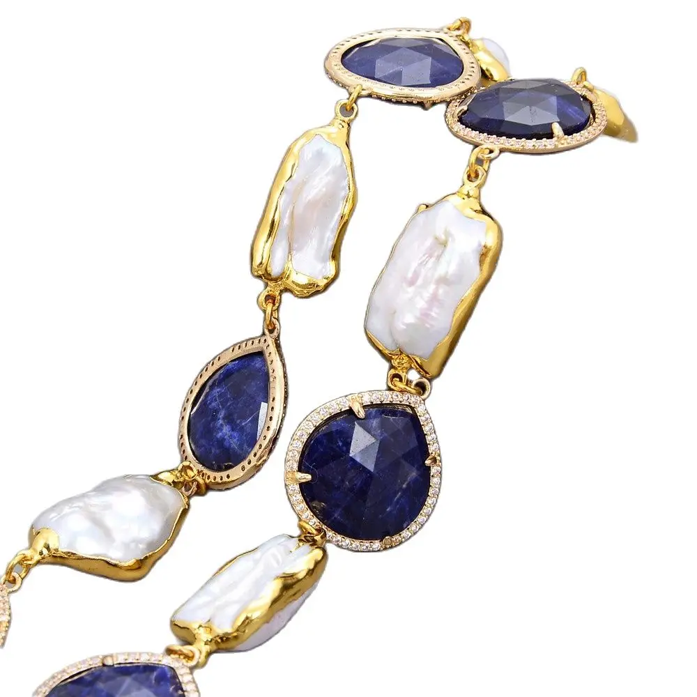

GG Jewelry 20" 14x23mm Natural White Biwa Pearl Glod Plated Peach Hearts Blue Sodalite CZ Paved Necklace