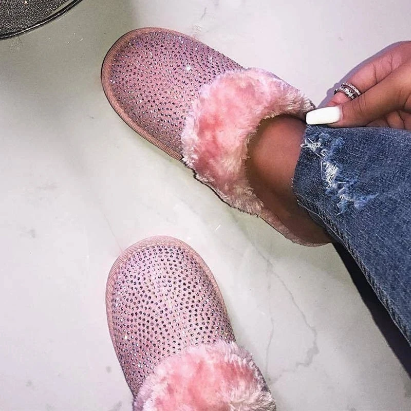 

Winter Home Warm Plush Slippers Women Rhinestone Crystal Fur Edge Solid Flats Indoor Living Room Luxury Ladies Shoes Female 2020