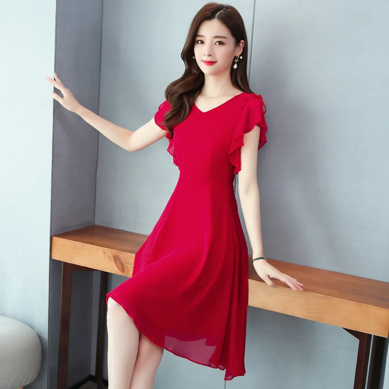 

2021 Temperament Dress Summer New Fashion Casual Women's Short-sleeved V-neck Hepburn Style Irregular Thin Chiffon Skirt