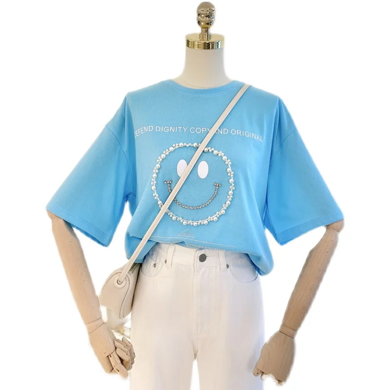 

Summer New Three-Dimensional Beaded Smiley Face Pattern Loose Large Size Short Sleeve Bottoming Shirt T-shirt for Women Tops