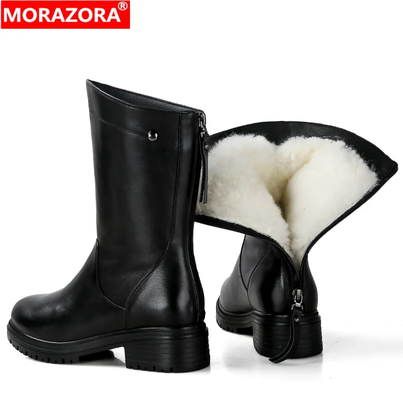 Женские ботильоны из натуральной кожи MORAZORA черные овечьей шерсти теплая зимняя