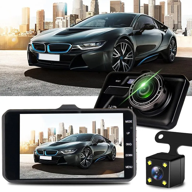 Автомобильный видеорегистратор Full HD 1080P IPS с двумя объективами 4 дюймовым экраном