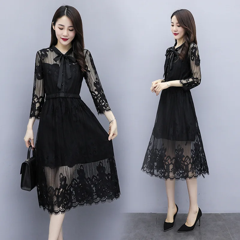 

Spring and autumn dresses, Korean fashion dresses, temperament long dresses, three-quarter sleeve lace dresses
