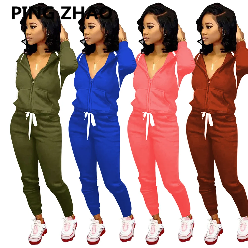 Женский однотонный спортивный костюм PING ZHAO комплект из двух предметов осенняя