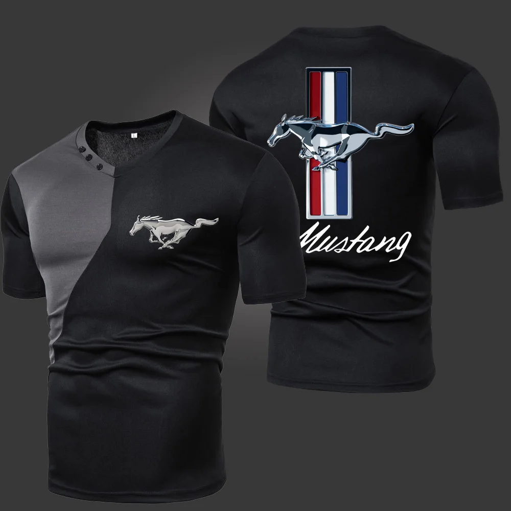 

2021 Summer New Mustang Men's T-Shirts Solid Color Splicing Casual Breathable Sports Slim Fitting Short Sleeve V-Neck Spotswear
