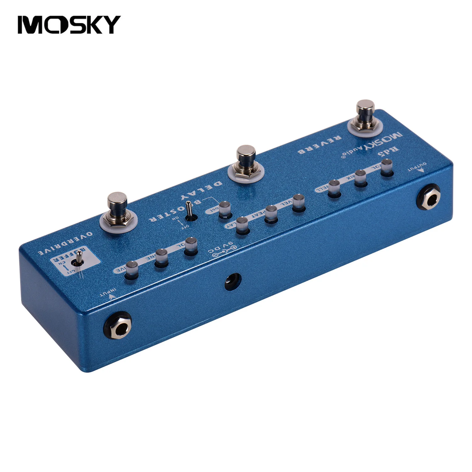 

MOSKY RD5 5-в-1 гитары мульти-педали эффектов реверберации + задержка + Booster + Overdrive + буфера металлический корпус для гитары Запчасти