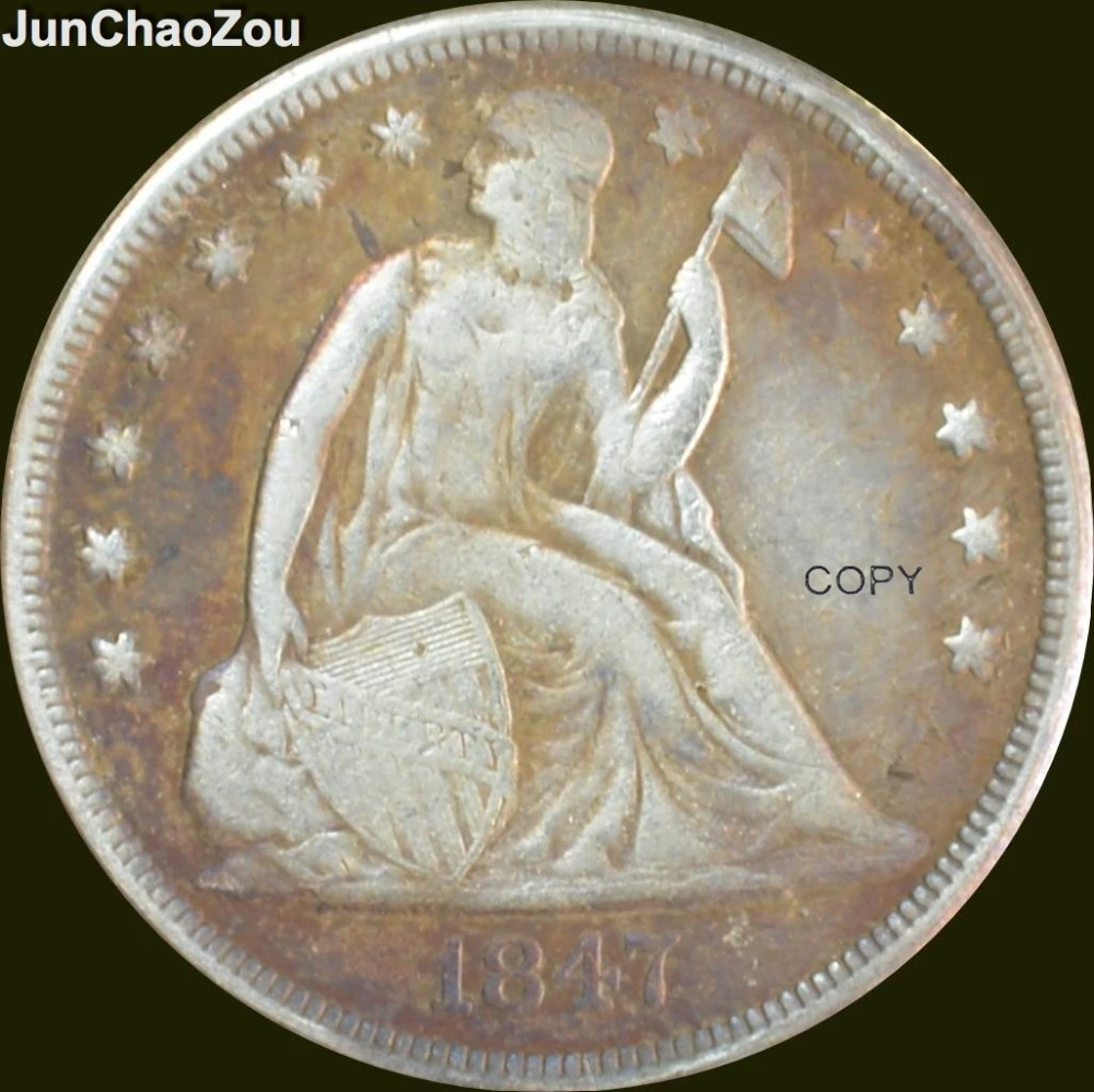 

United States 1847 Liberty Seated No Motto Brass Silver Plated One Dollar Copy Coins