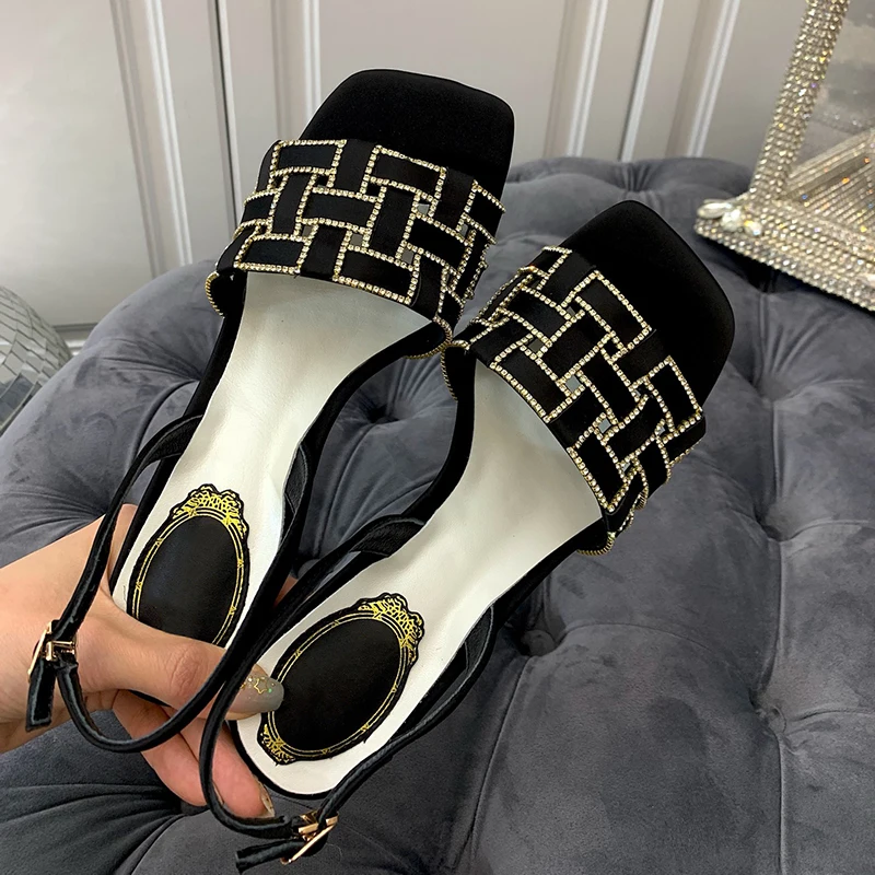 

Hot Brand Women Shoes Bling Rhinestone Weave Sandals Ladies Fashion Square Toe Sandalias Summer High Heels Party Chaussure Femme