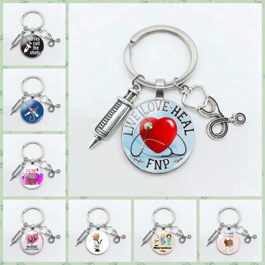 

Best selling hospital nurse medical stethoscope and syringe keychain stethoscope pattern hospital popular key ring pendant