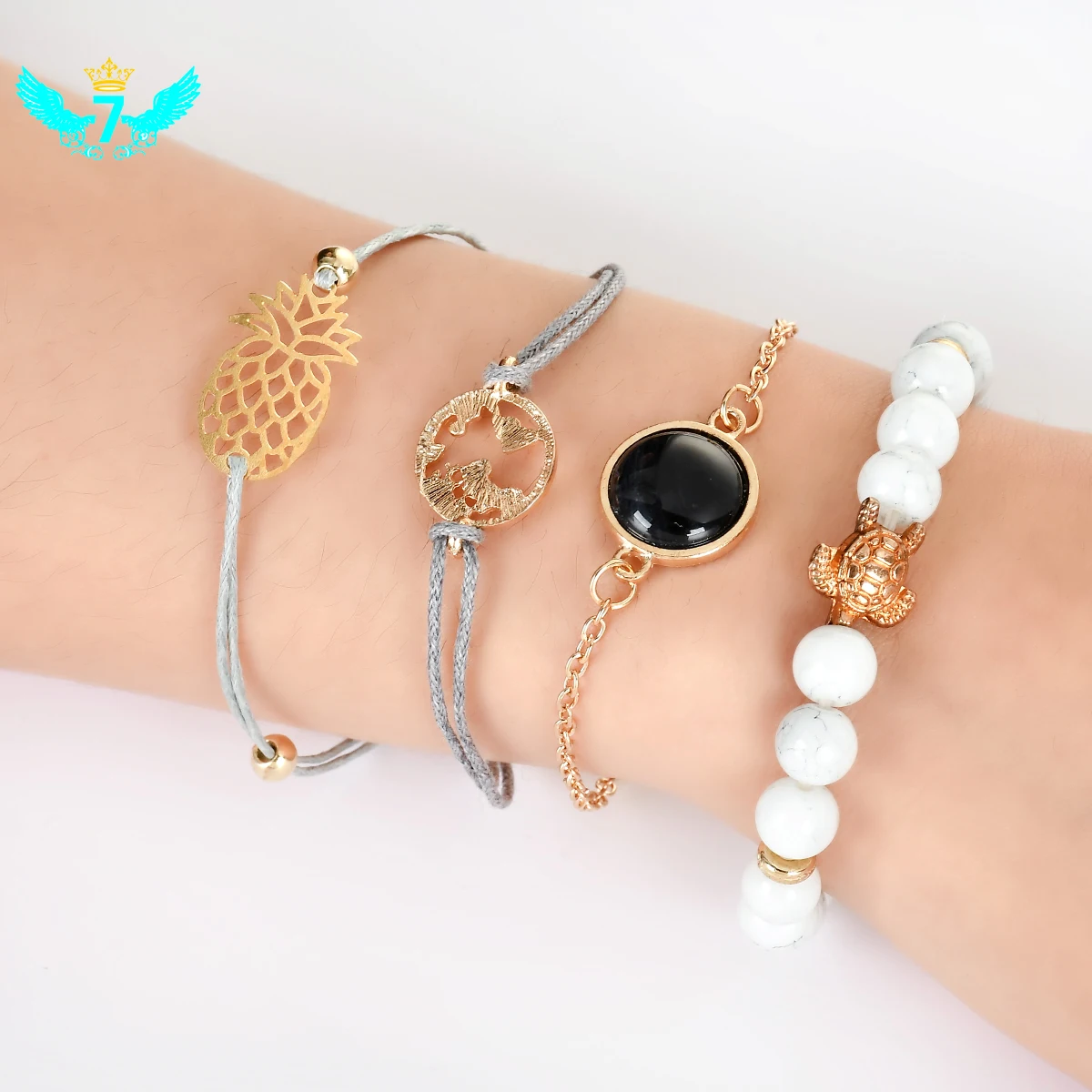 

5 Pcs/set Women Beach Peach Heart Turtle Pineapple Beads Bracelet Set Bohemian Vintage Bangle Jewelry TOA
