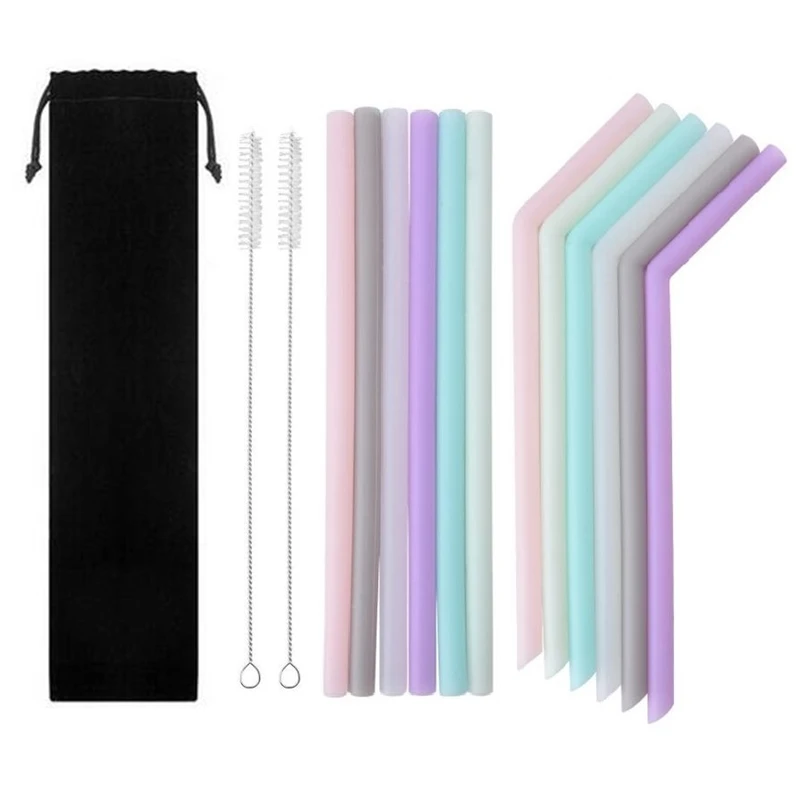Многоразовые силиконовые питьевые гибкие соломинки с чистящими щетками и сумкой