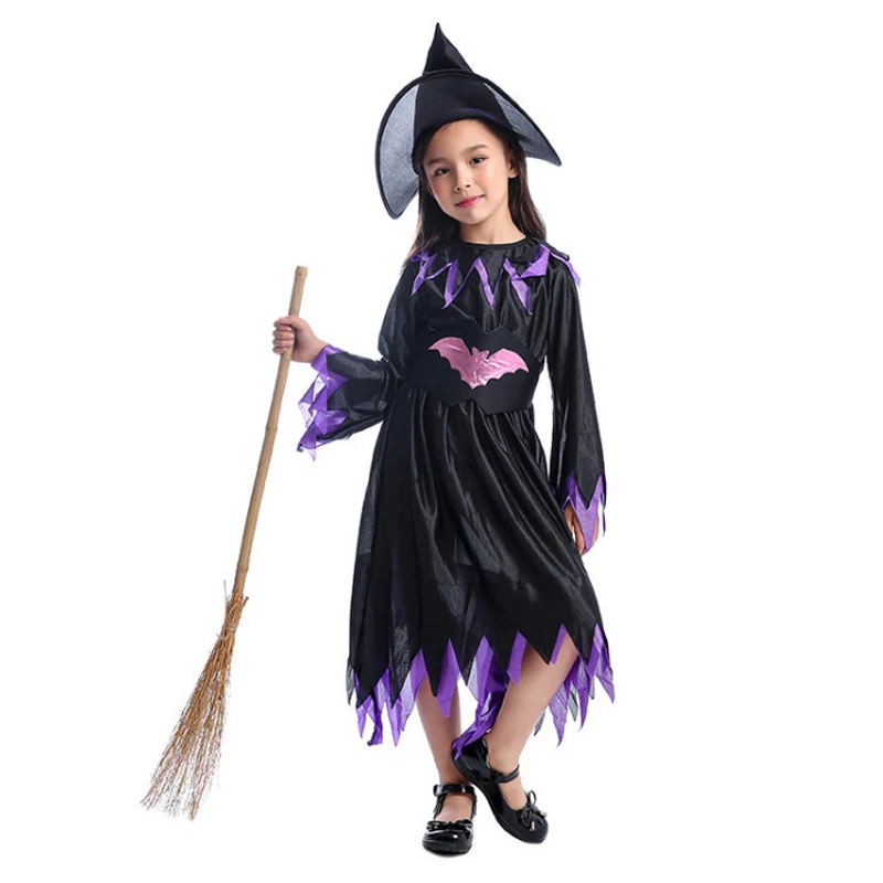 

Classical Little Witch Cosplay Dress For Gilrs Halloween Costumes For Kids Purple Bat Dresses Wizard Vampire