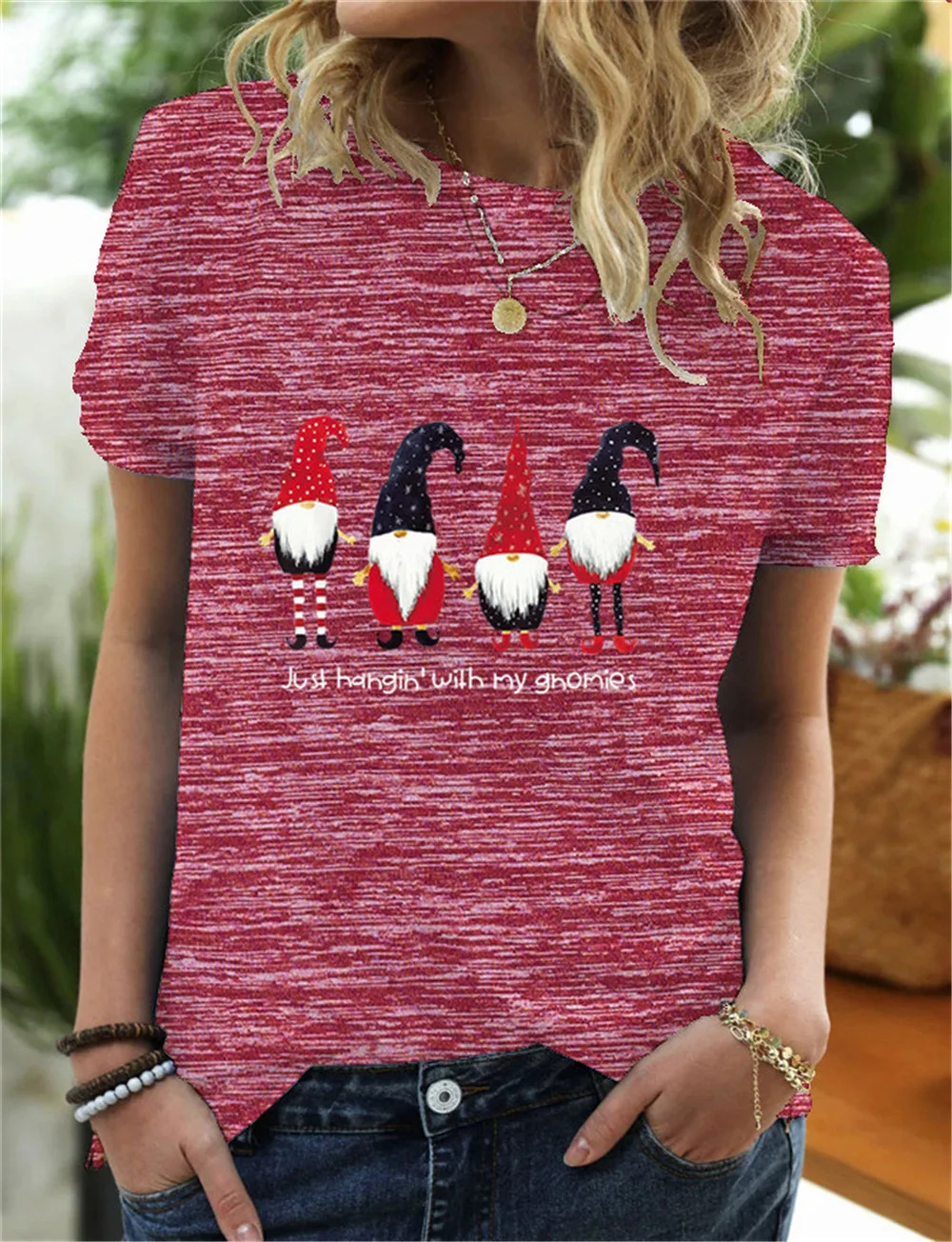 

2021 Tshirt Santa Claus Just Hangin with My Gnomies Tops Women Tops Summer Christmas Print T-Shirt O Neck Short Sleeves