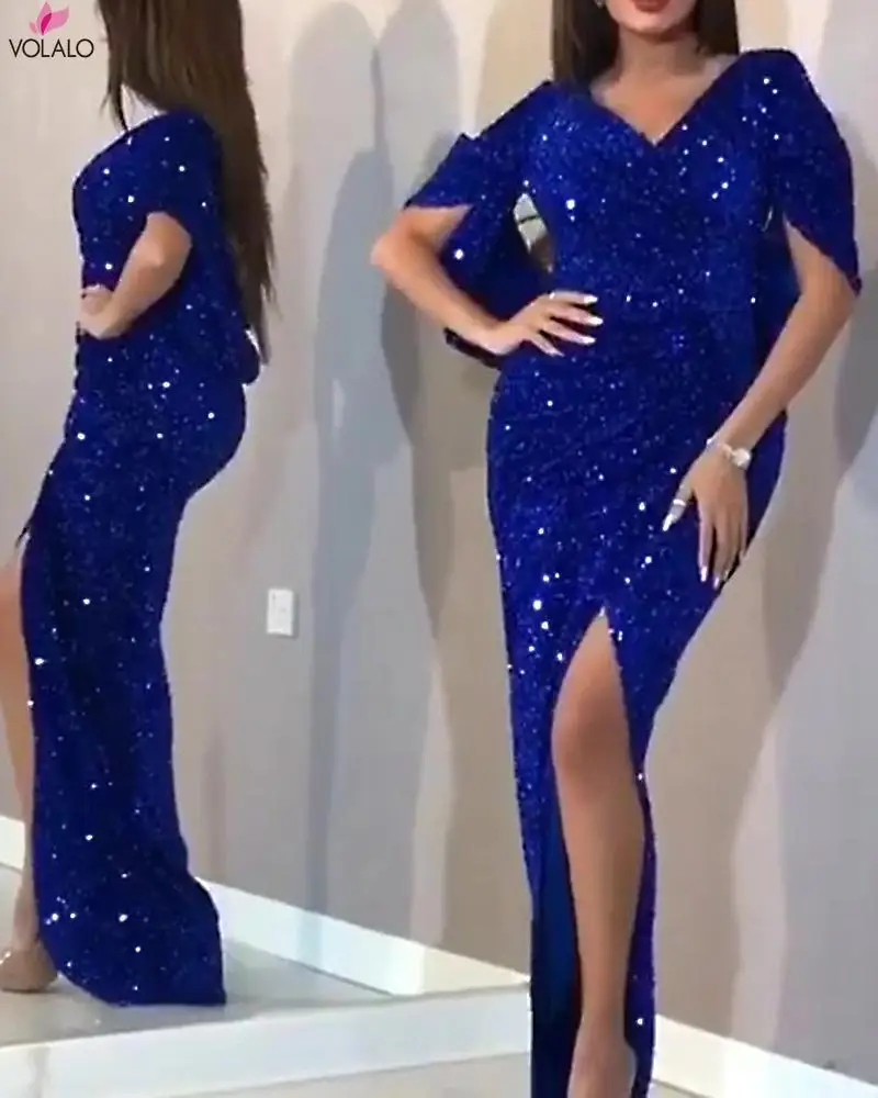 Женское вечернее платье сезон весна-лето 2022 с коротким рукавом и блестками