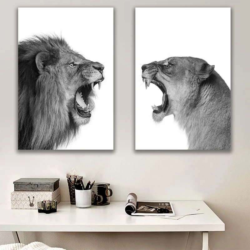 

Lion and Lioness Canvas Poster Black White Woodlands Animal Wall Art Print Painting Nursery Wall Art Picture for Living Room