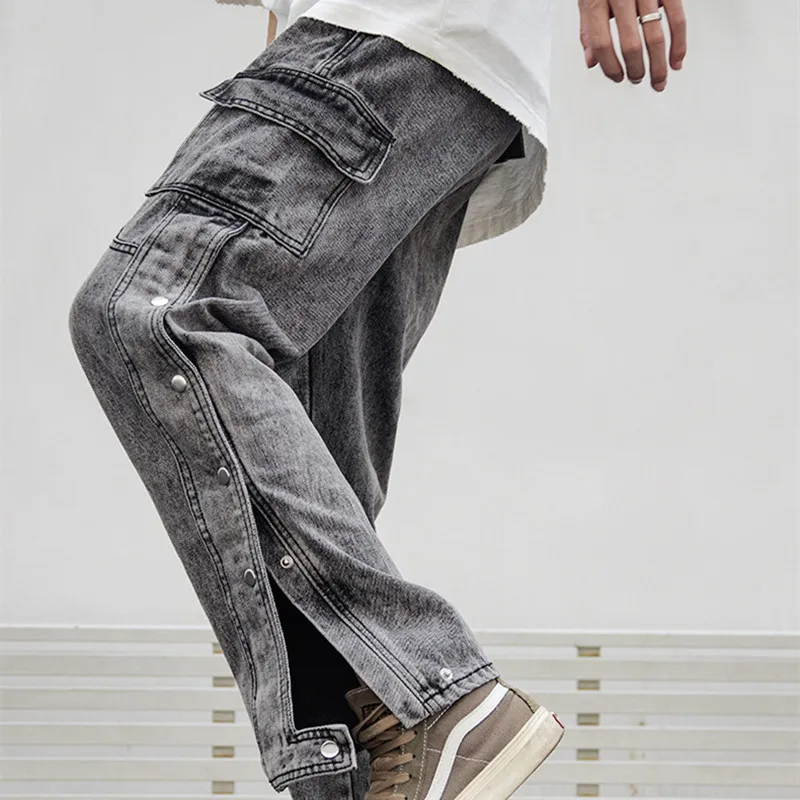 Korean Fashion Side Button Vintage Grey Men Hip Hop Jeans Trousers Washed Straight Casual Denim Pants Elegant Pantalon Homme